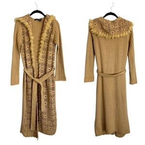 Vintage Moda International tan crochet faux fur trim long duster cardigan small